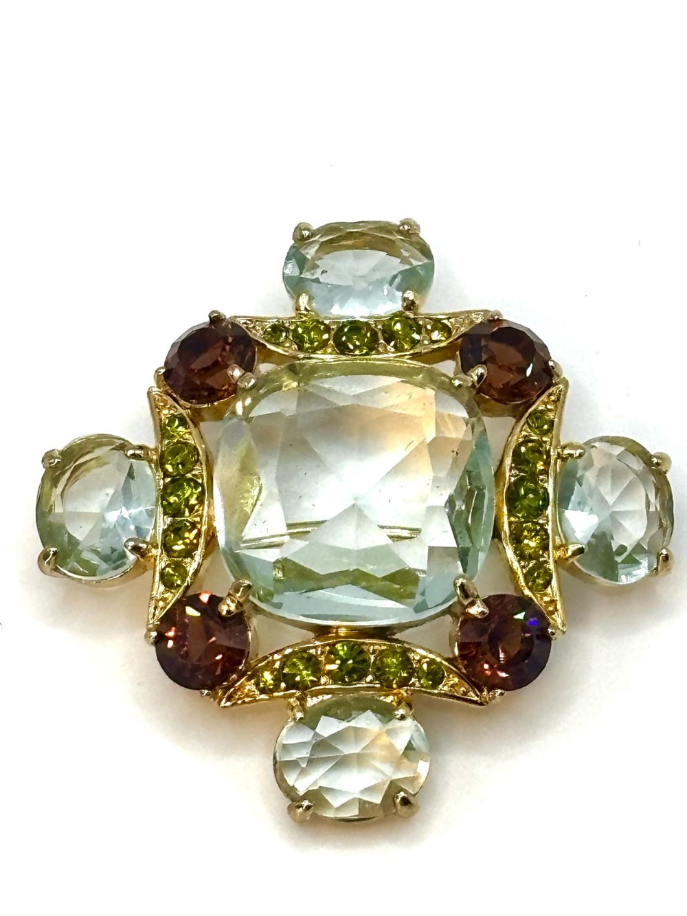 Vintage Monet Multi-Color Rhinestone Maltese Cross Brooch Gold Tone Statement